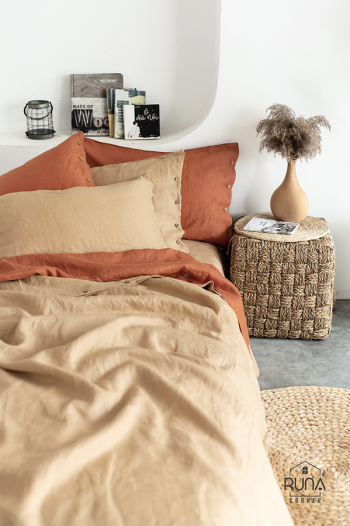 Bộ chăn ga gối Linen Premium màu Beige & Rusty