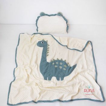 Set 2 món gối chăn xô muslin cho bé Khủng Long Dino Blue