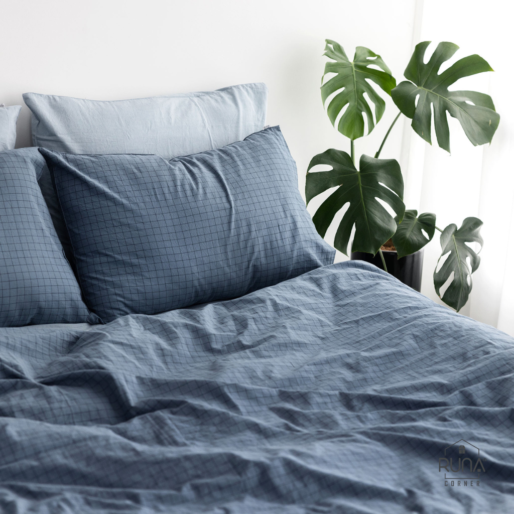 Bộ chăn ga gối Washed Cotton 4 món màu Indigo Check 9 Bộ chăn ga gối Washed Cotton 4 món màu Indigo Check - Ảnh 9