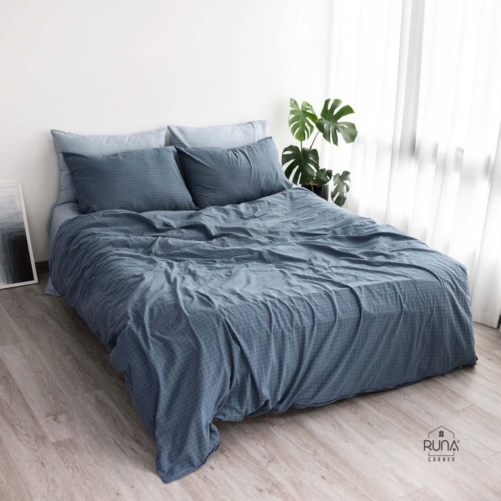 Bộ chăn ga gối Washed Cotton 4 món màu Indigo Check 4 Bộ chăn ga gối Washed Cotton 4 món màu Indigo Check - Ảnh 4