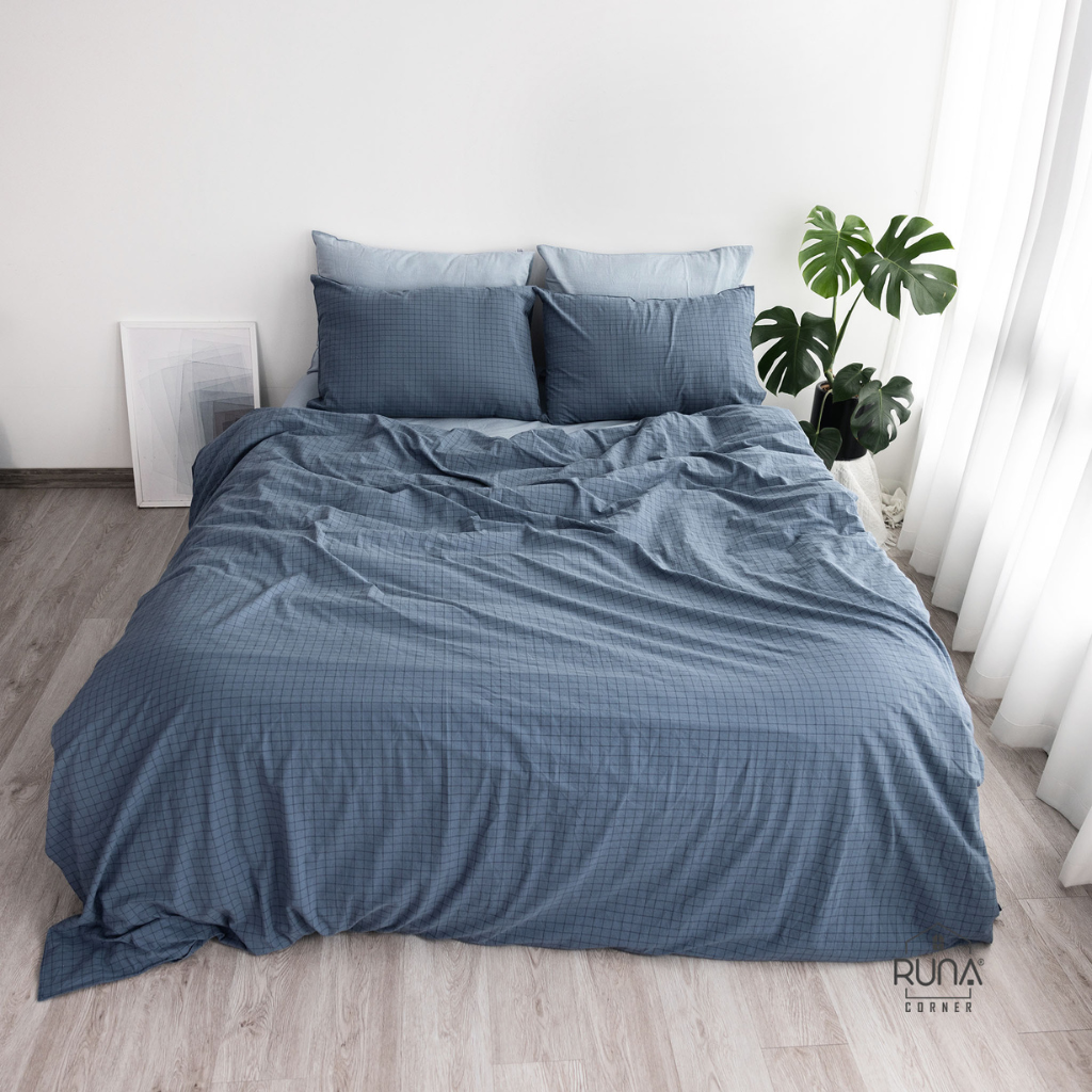 Bộ chăn ga gối Washed Cotton 4 món màu Indigo Check 5 Bộ chăn ga gối Washed Cotton 4 món màu Indigo Check
