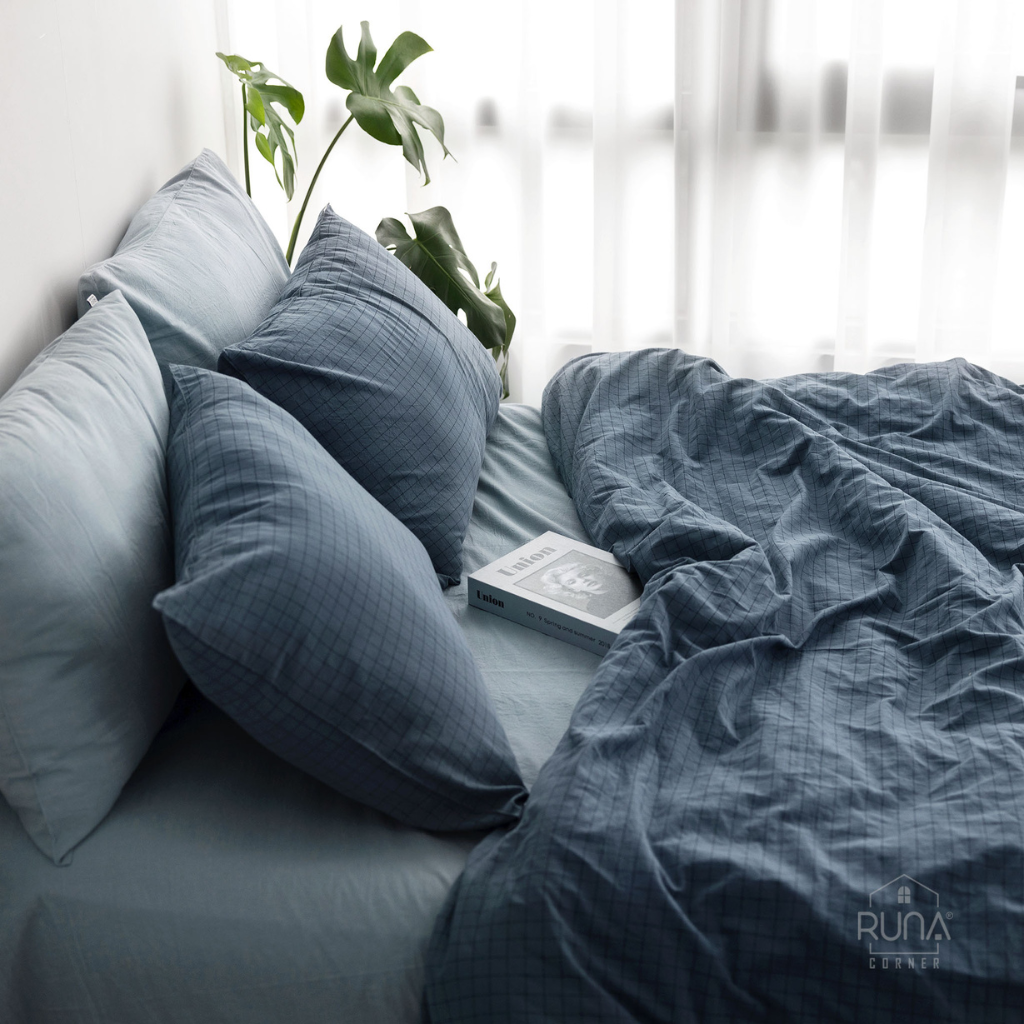 Bộ chăn ga gối Washed Cotton 4 món màu Indigo Check 6 Bộ chăn ga gối Washed Cotton 4 món màu Indigo Check - Ảnh 6