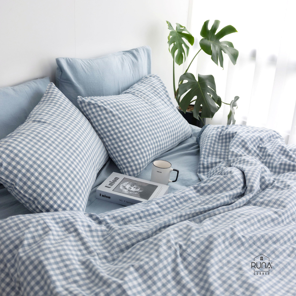 Bộ chăn ga gối Washed Cotton 4 món màu Sky Gingham 4 Bộ chăn ga gối Washed Cotton 4 món màu Sky Gingham - Ảnh 4
