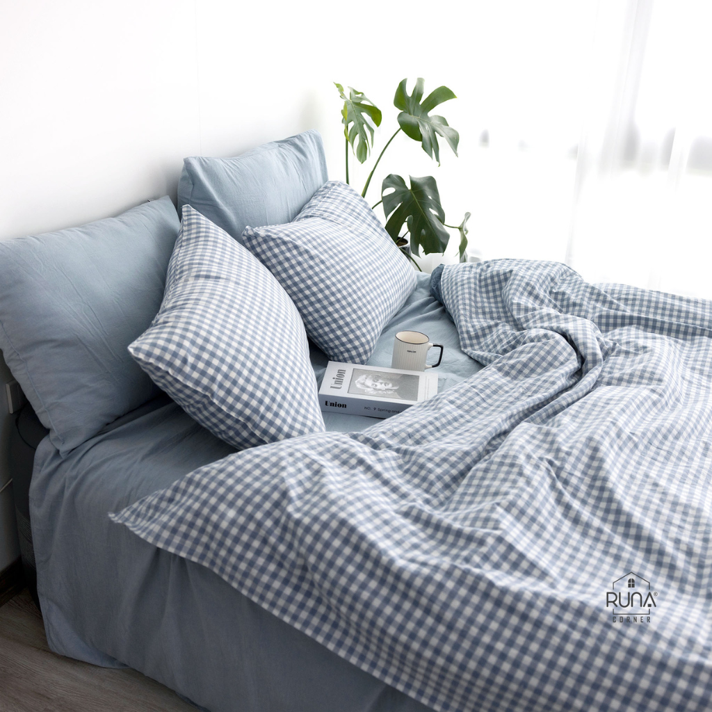 Bộ chăn ga gối Washed Cotton 4 món màu Sky Gingham 3 Bộ chăn ga gối Washed Cotton 4 món màu Sky Gingham - Ảnh 3