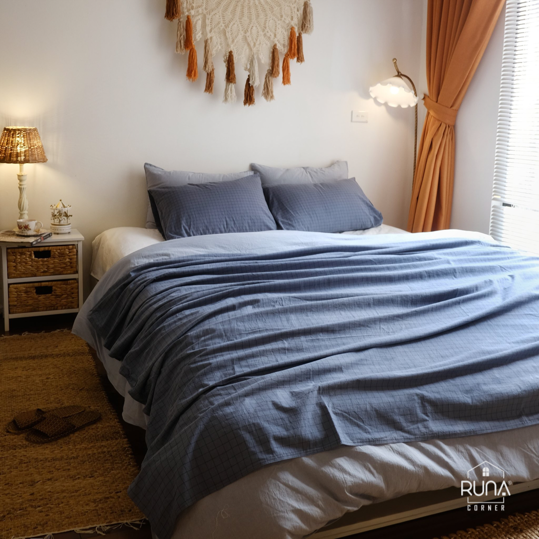 Bộ chăn ga gối Washed Cotton 4 món màu Indigo Check 3 Bộ chăn ga gối Washed Cotton 4 món màu Indigo Check - Ảnh 3